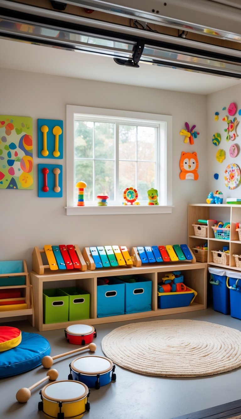 A children's music corner in a garage with kid-safe instruments like small drums, xylophones, and tambourines arranged neatly on shelves and mats.