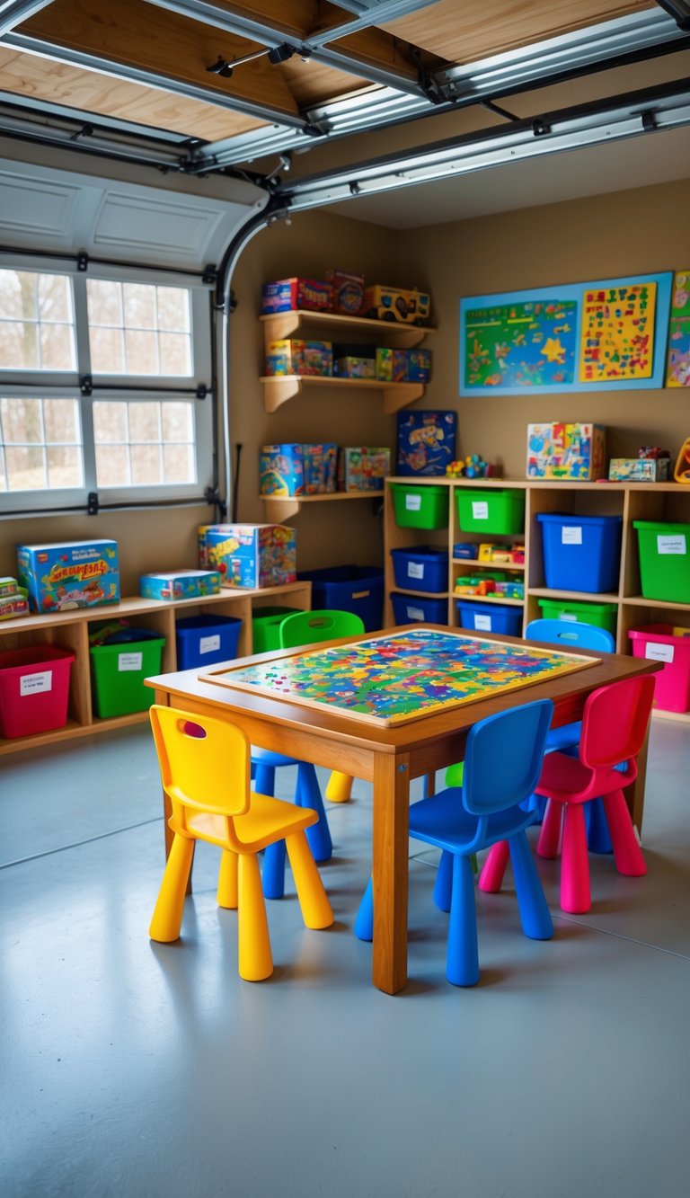 A child-friendly garage activity zone with a table set up for puzzles and board games, surrounded by chairs and shelves filled with games and toys.