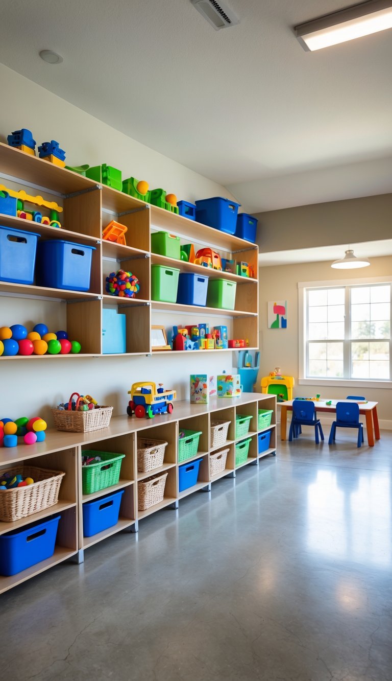 A garage area with low shelves filled with toys and play items arranged for easy access by children.