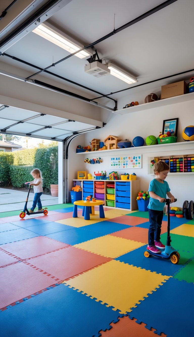 A garage with cushioned non-slip flooring and children playing with toys and art supplies in a safe, organized activity area.