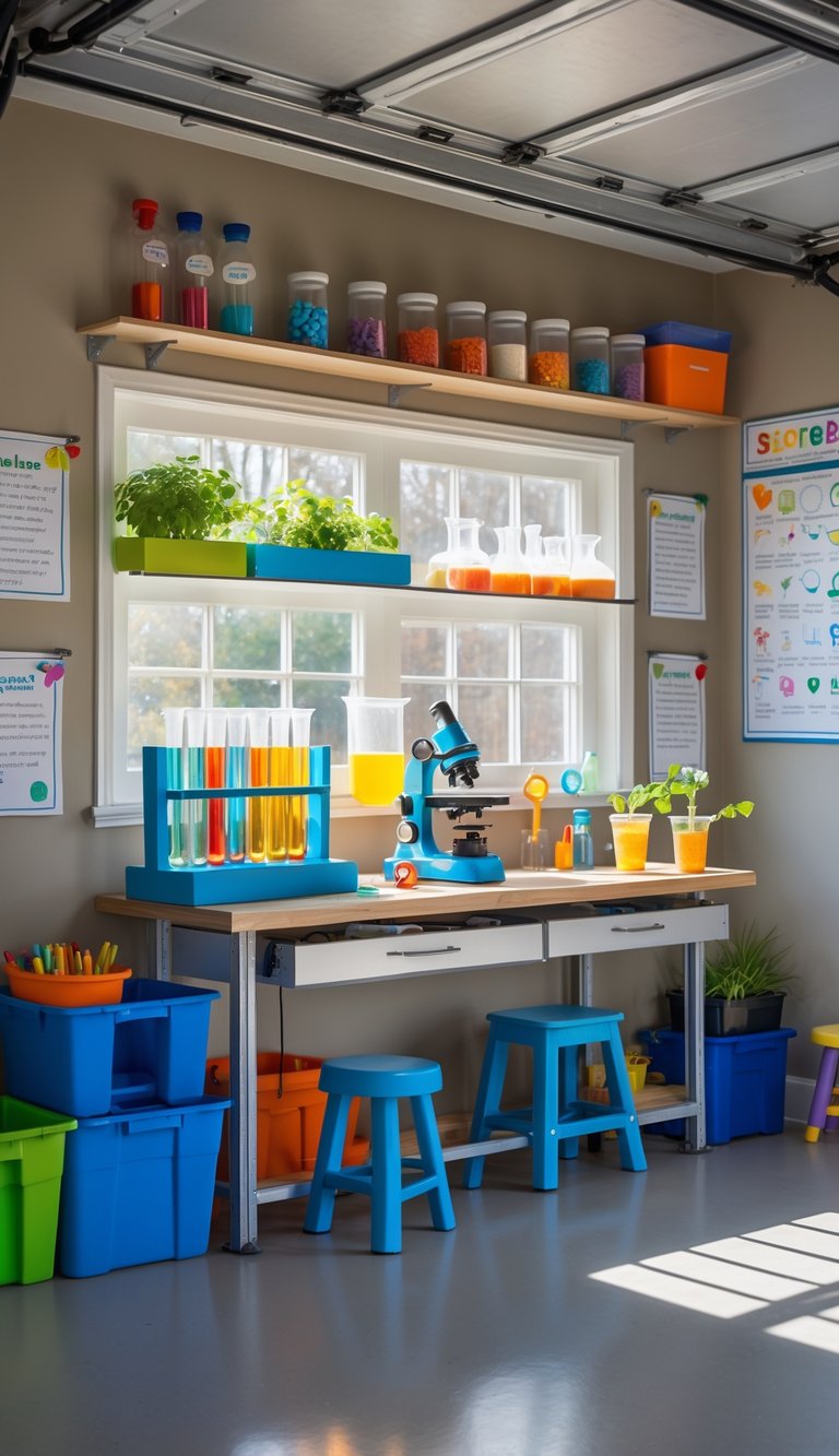 A garage set up as a kid-friendly science station with a workbench holding simple experiments, colorful test tubes, a microscope, and science supplies on shelves.