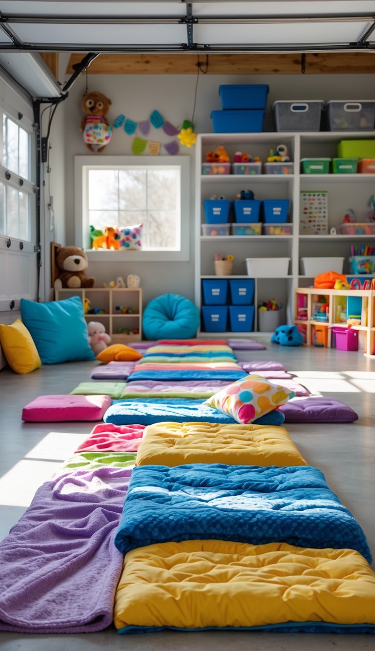 A cozy nap area in a garage with mats, blankets, plush toys, and cushions arranged for children to rest.