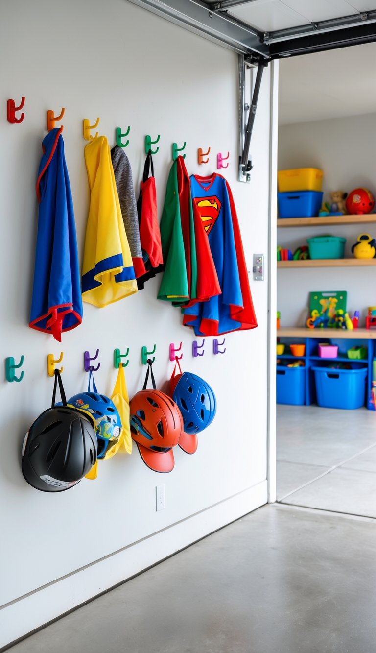A garage area with wall-mounted hooks holding children's costumes and gear, with shelves and toys in the background.