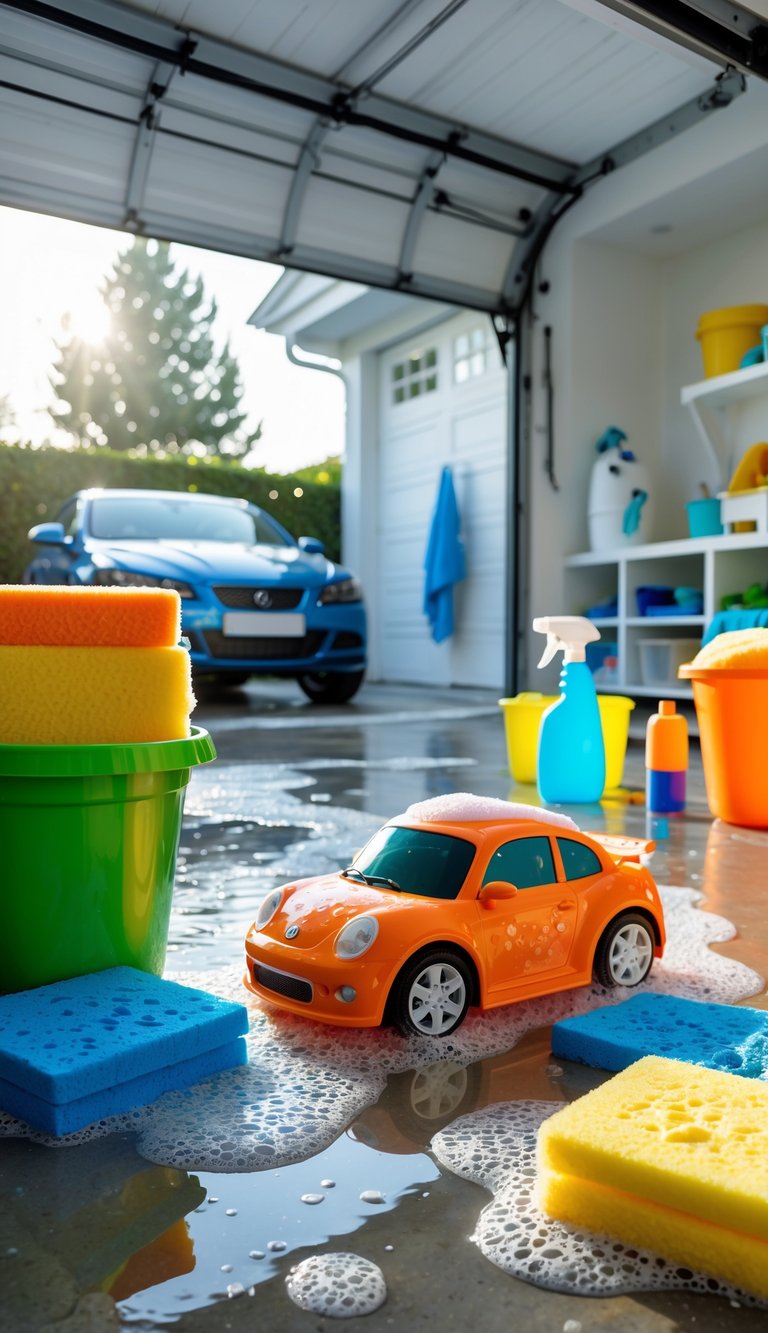 A DIY car wash play area with colorful buckets, sponges, and a toy car set up in a garage.