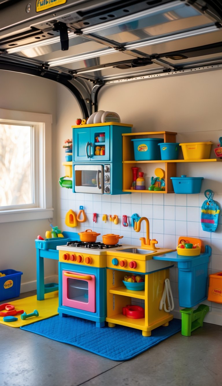A children's garage play area with a miniature kitchen play set and various toys arranged neatly.