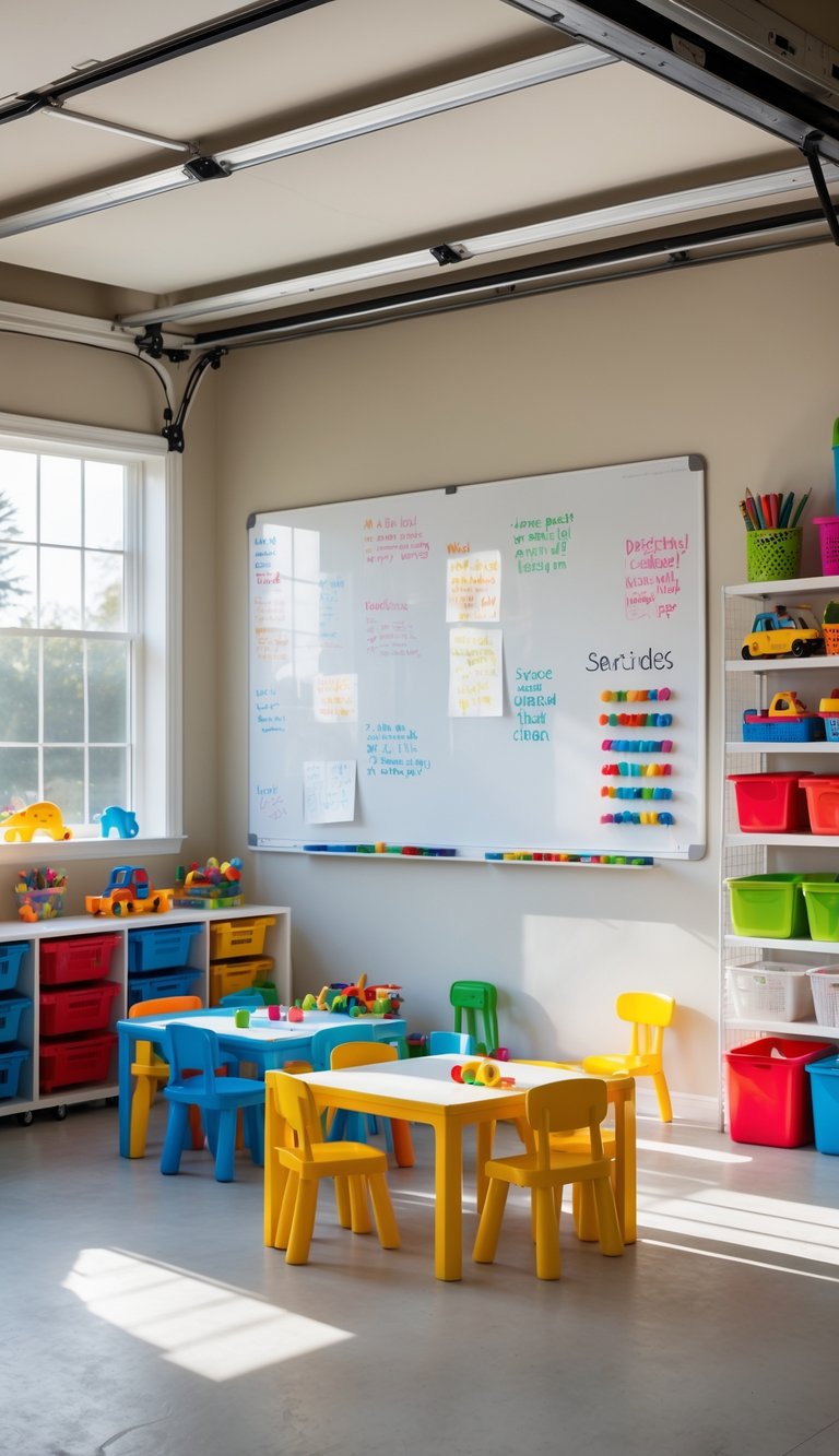 A garage set up as a children's activity area with a large whiteboard, small tables and chairs, and shelves with art supplies and toys.