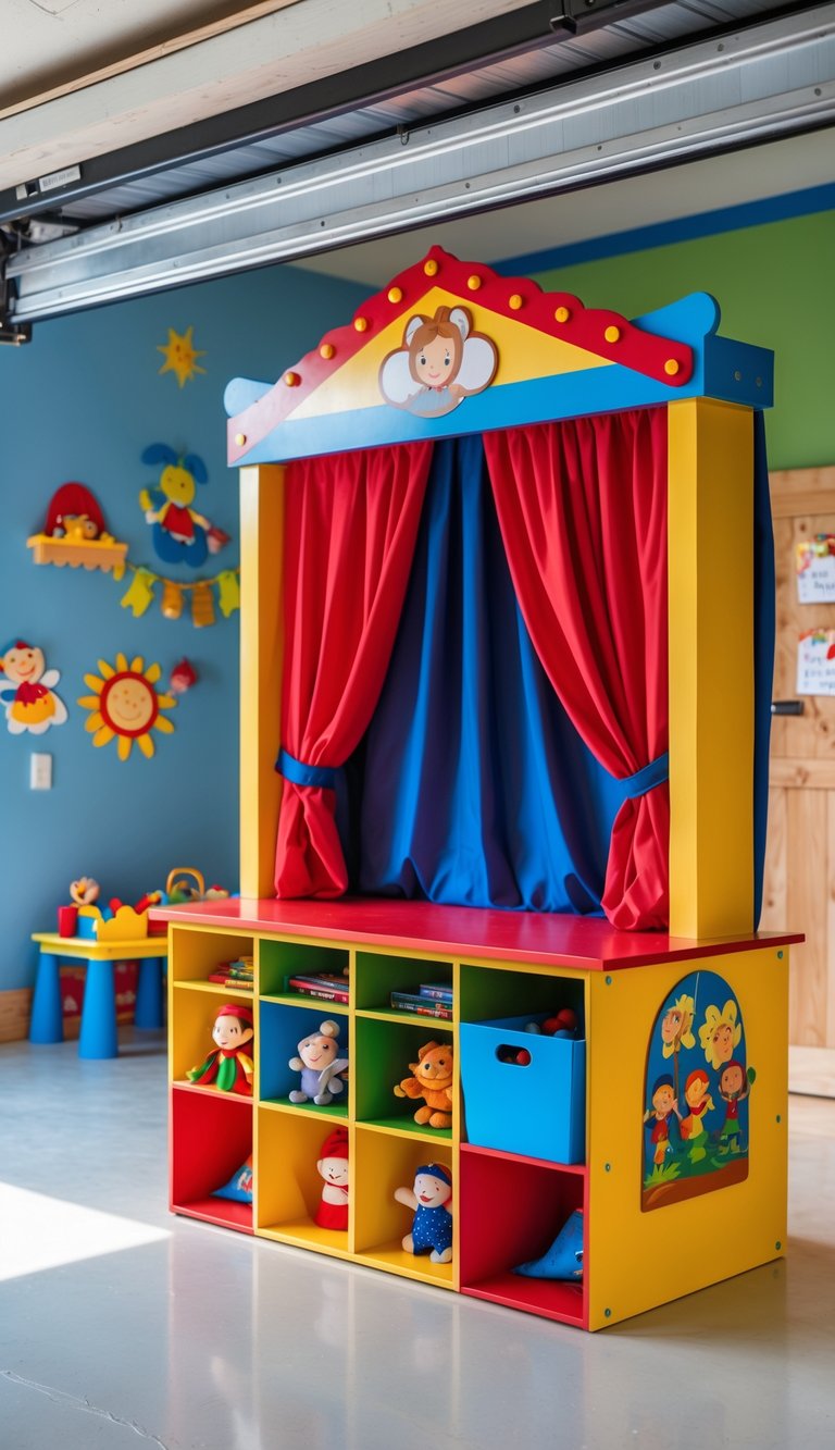 A colorful puppet theater with red curtains and storage shelves filled with puppets inside a bright, organized garage play area for children.