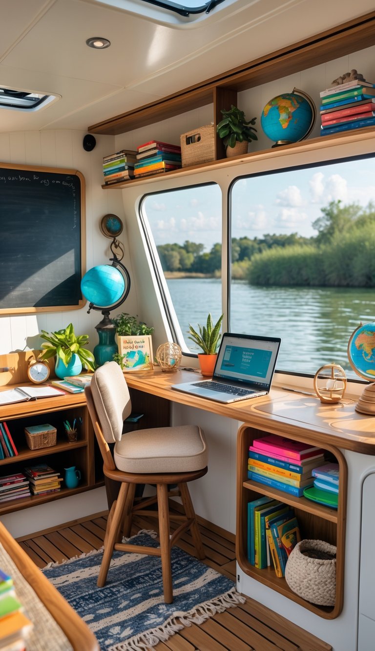 Interior of a houseboat set up as a homeschooling space with a desk, bookshelves, educational materials, and large windows showing water outside.