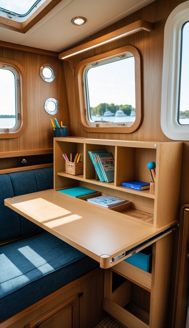 A compact fold-down desk with storage inside a houseboat, set up as a tidy homeschooling workspace with books and supplies.