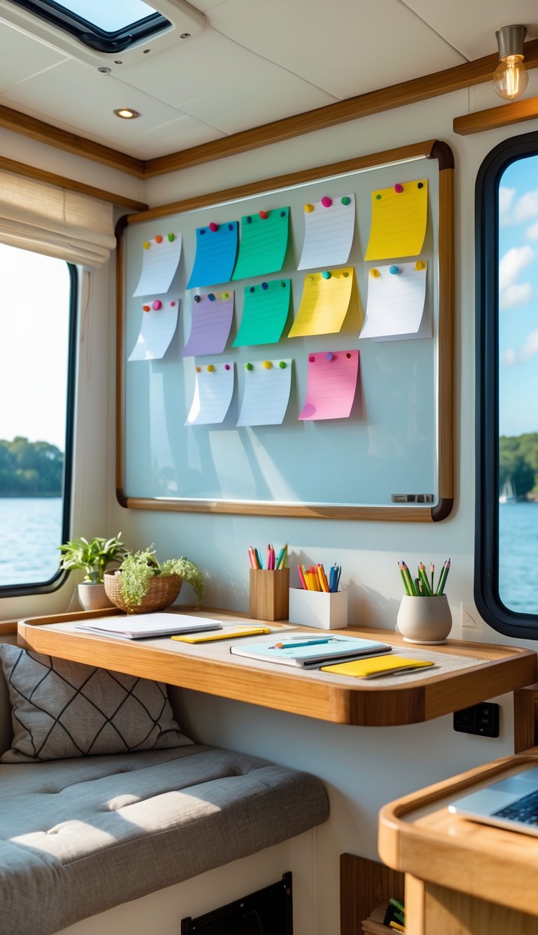 Interior of a houseboat homeschooling space with a magnetic whiteboard, desk, and large windows showing water outside.