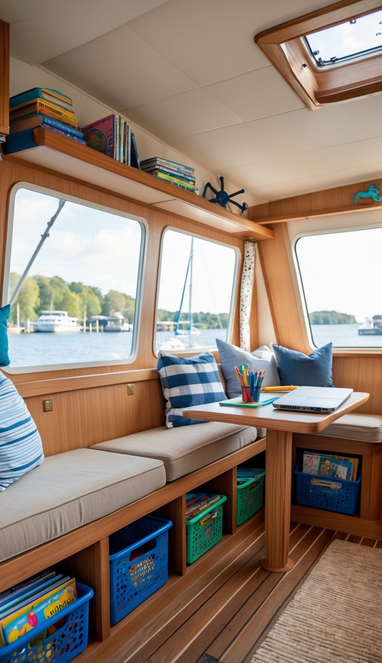 Interior of a houseboat with under-seat storage benches used as a homeschooling area, featuring books, art supplies, and a small table with learning materials.