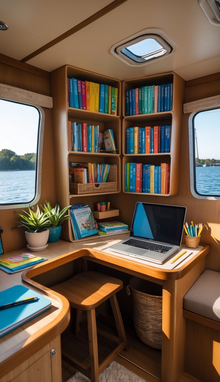 Cozy houseboat interior with modular bookshelves and a small homeschooling desk in a tight space.