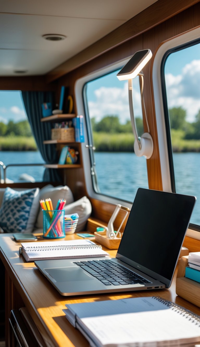 A cozy houseboat homeschooling workspace with a desk, laptop, notebooks, and a clip-on LED task light, overlooking calm water through large windows.