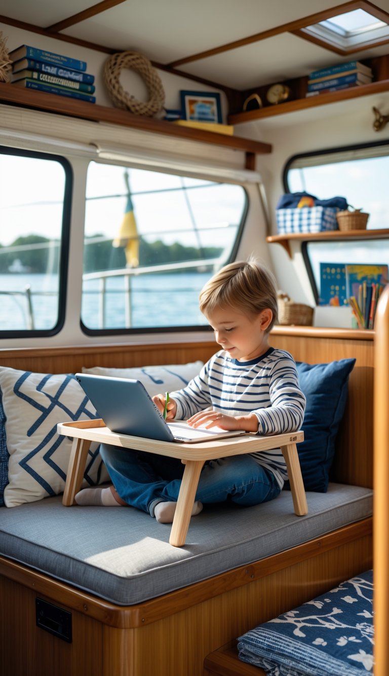 Child sitting on a bench inside a houseboat using a portable lap desk for homeschooling, with windows showing water outside.