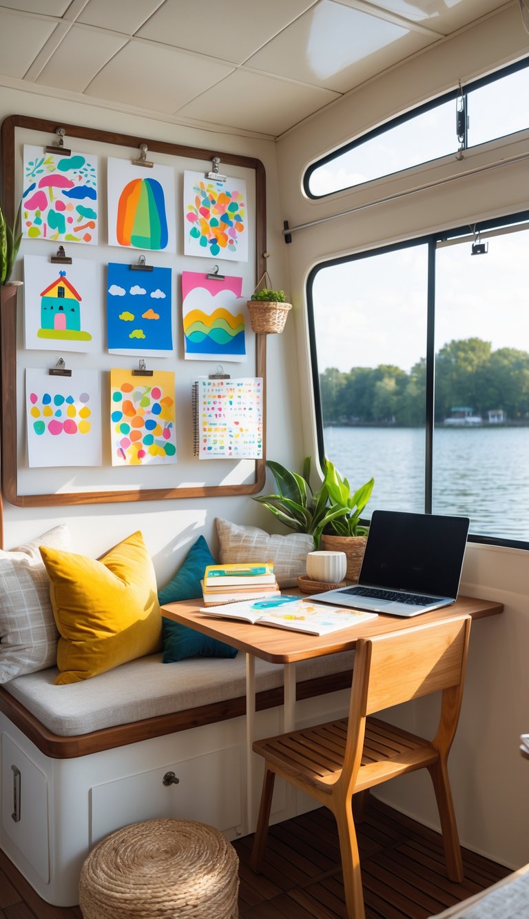A cozy homeschooling space inside a houseboat with children's artwork clipped on the wall, a small desk with books and a laptop, and large windows showing water outside.
