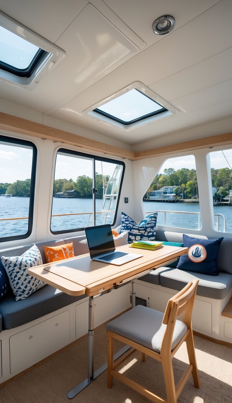 Interior of a houseboat homeschooling area with a convertible table, chairs, books, and large windows showing water outside.