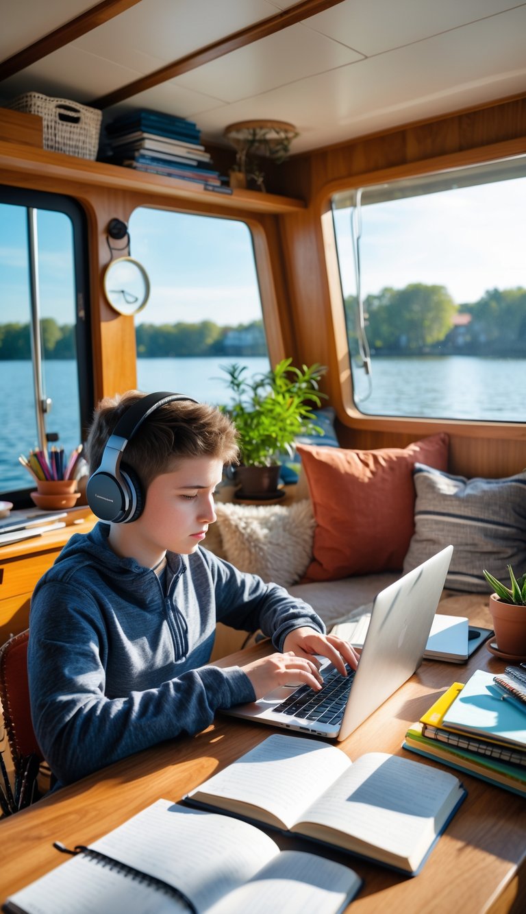 A young student wearing noise-cancelling headphones studies at a desk inside a houseboat with large windows showing water outside.