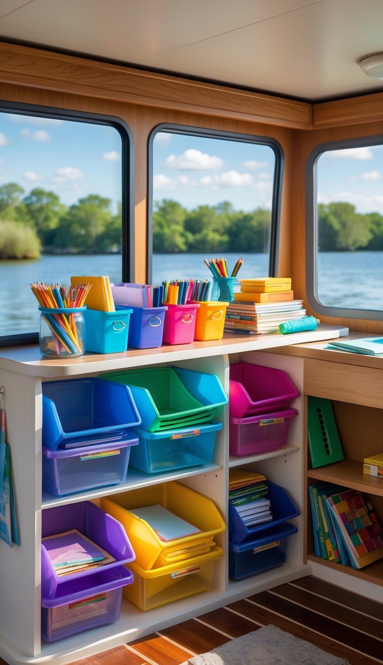A homeschooling area on a houseboat with colorful stackable bins holding school supplies on shelves by large windows overlooking water.