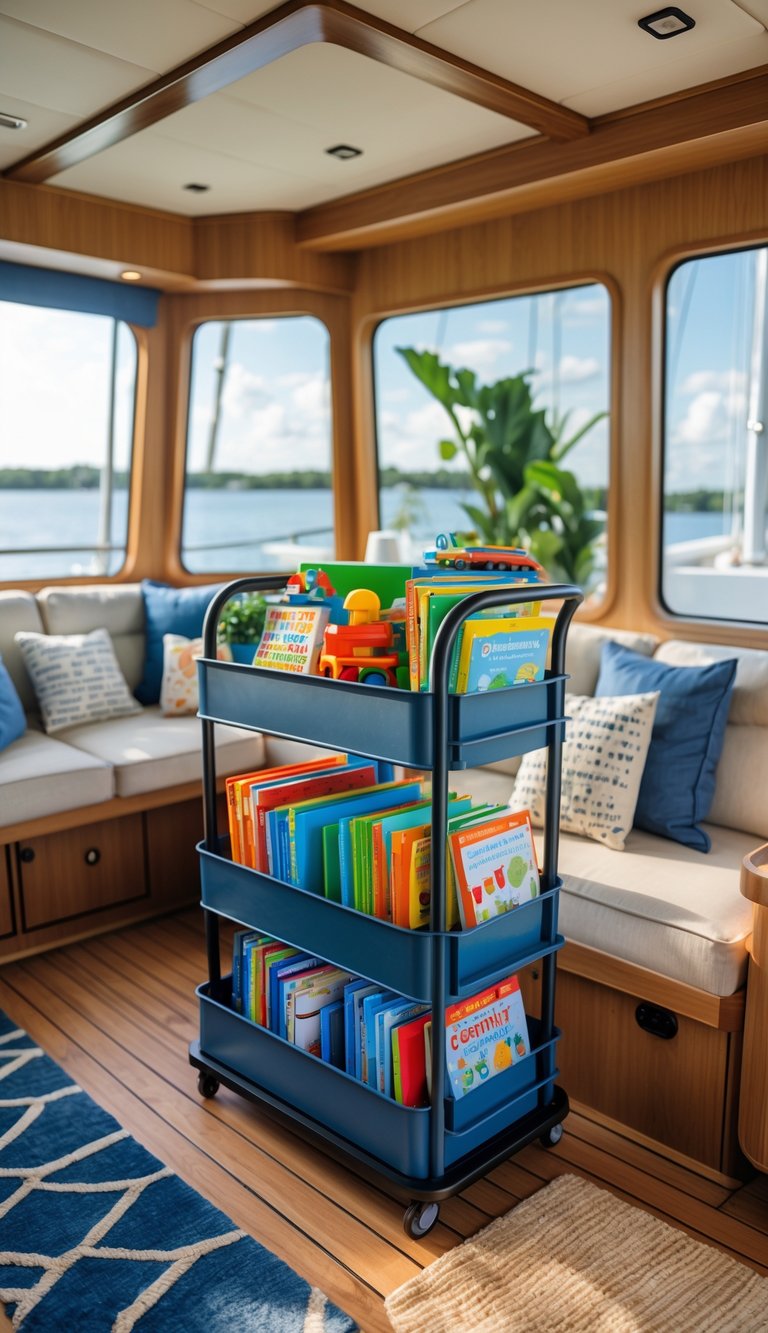 A roll-out cart filled with books and learning materials inside a cozy houseboat homeschooling space with wooden walls and large windows showing water outside.