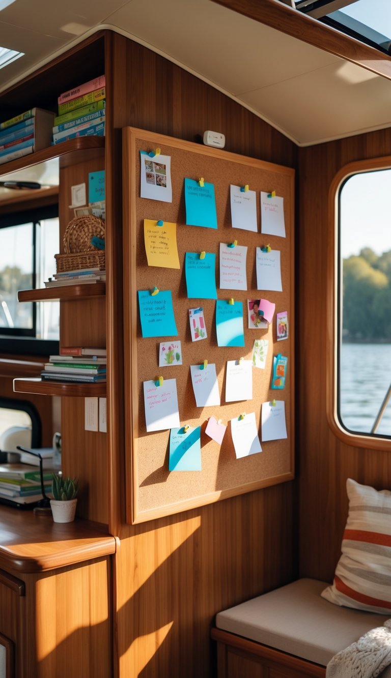 Corkboard with pinned notes and reminders inside a cozy houseboat homeschooling space.