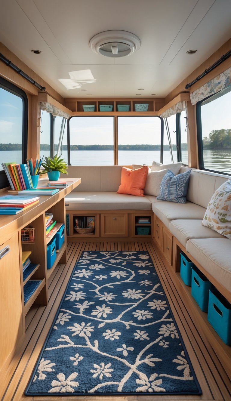 Interior of a houseboat homeschooling space with a desk, educational materials, and water-resistant rugs on the floor near large windows showing calm water outside.