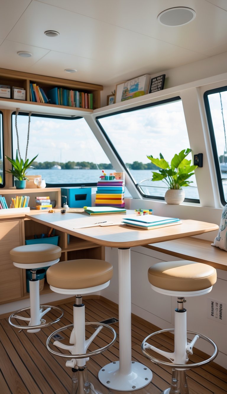 Interior of a houseboat homeschooling space with adjustable-height stools around a wooden table and large windows overlooking the water.