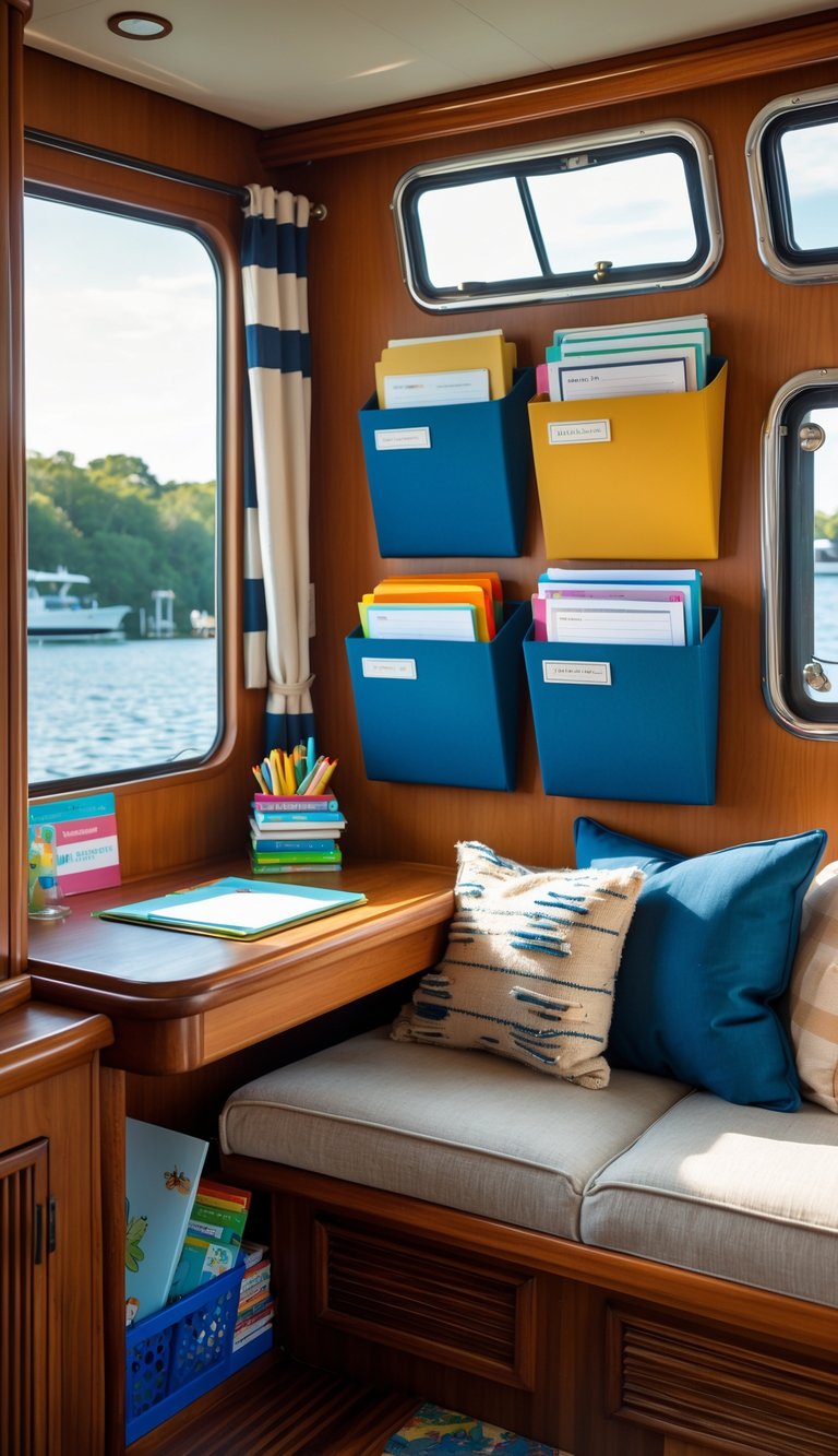 A tidy homeschooling space on a houseboat with hanging file organizers on a wooden wall, a small desk, books, and natural light coming through porthole windows.