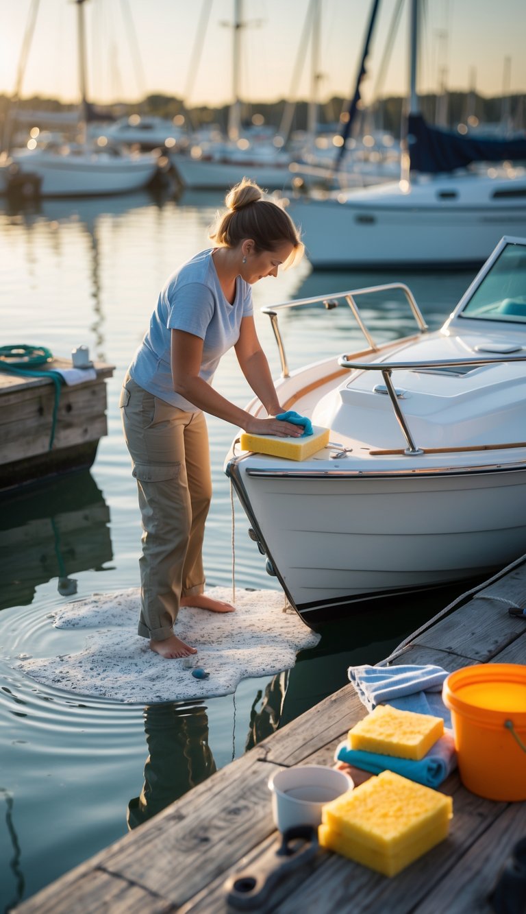 Person cleaning a boat docked at a marina with cleaning supplies on the wooden pier and calm water in the background.