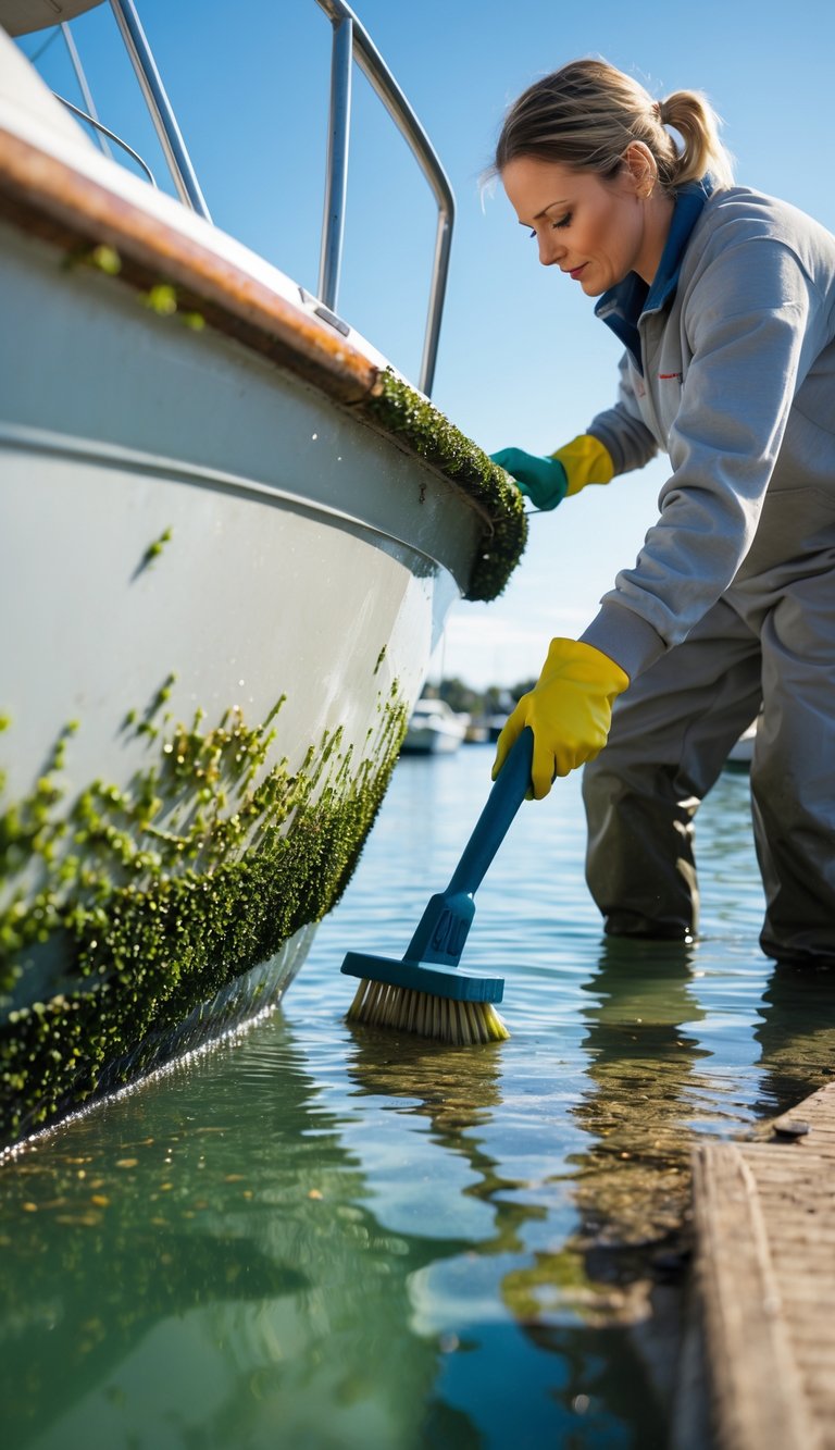 Person scrubbing the hull of a boat to remove algae and barnacles while docked at a marina.