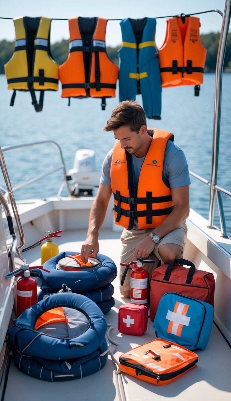 Person checking and organizing safety gear on a boat deck near calm water.