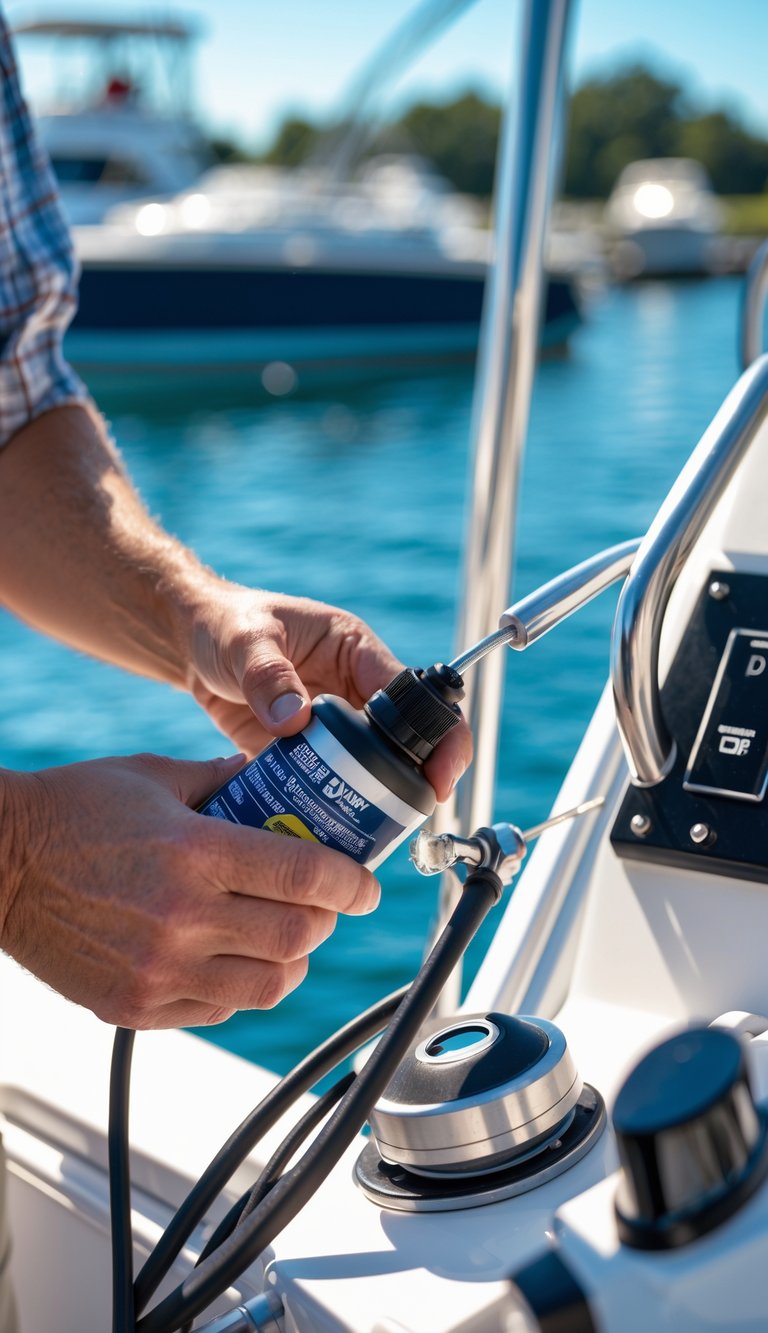 Close-up of hands lubricating steering and throttle cables on a boat near a marina.