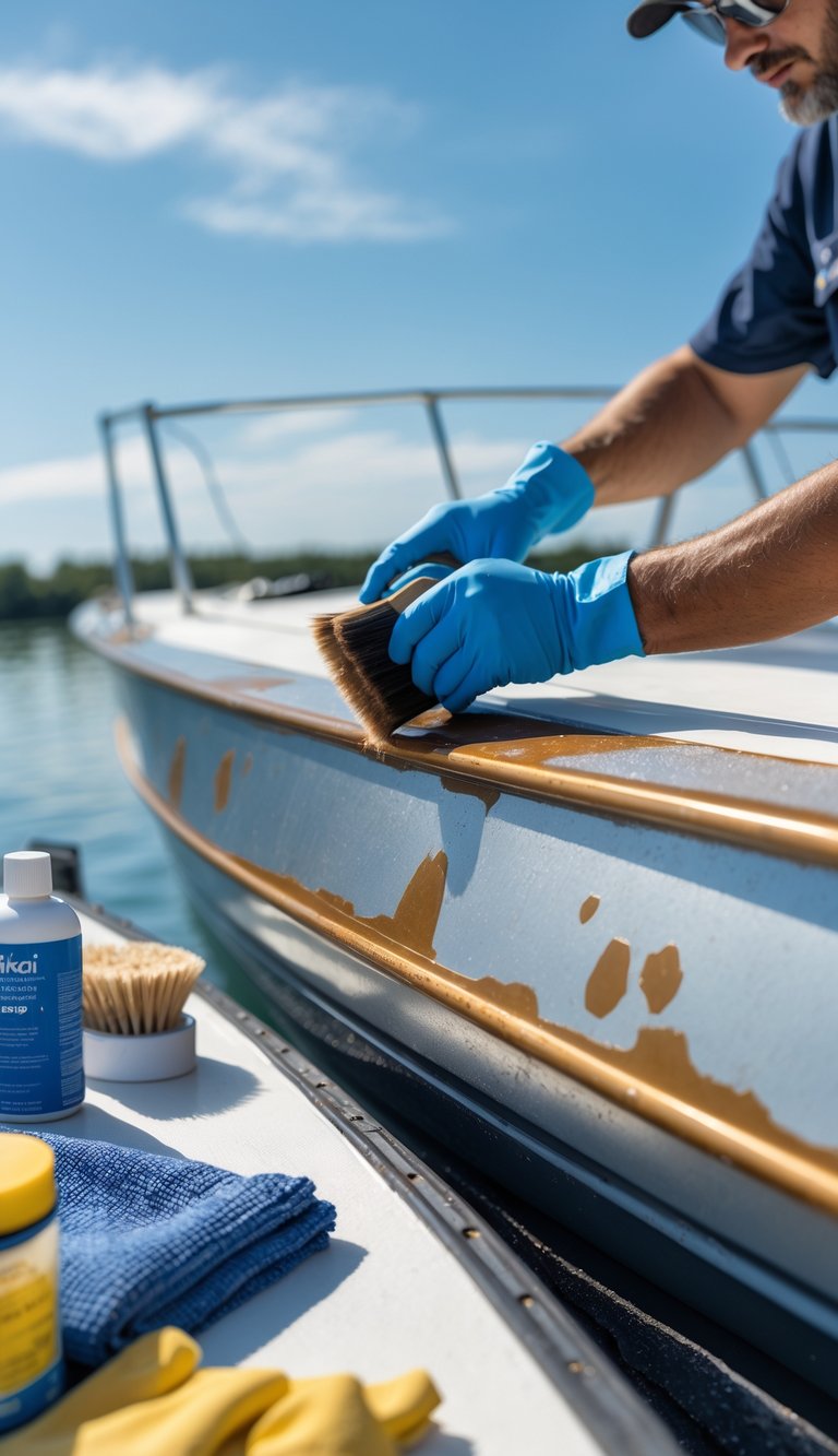 Person applying protective coating to exposed metal parts on a boat to prevent corrosion outdoors near water.