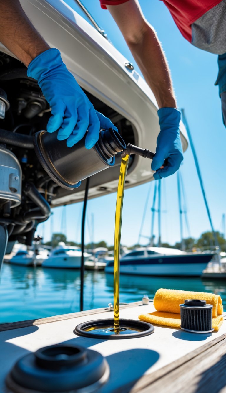 Person changing engine oil and replacing oil filters on a boat engine at a marina.