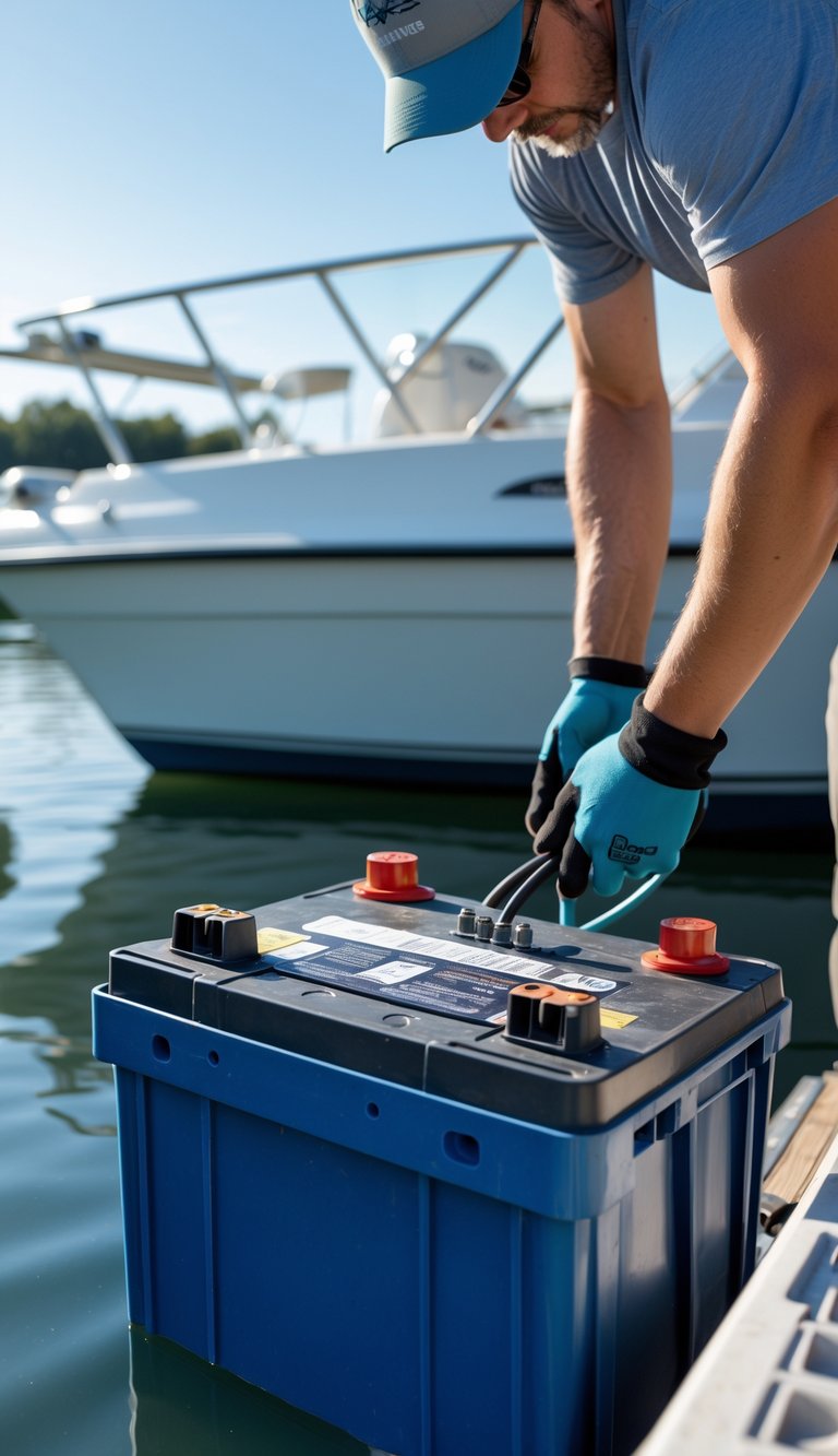Person disconnecting a boat battery and placing it into a storage container near a docked boat.