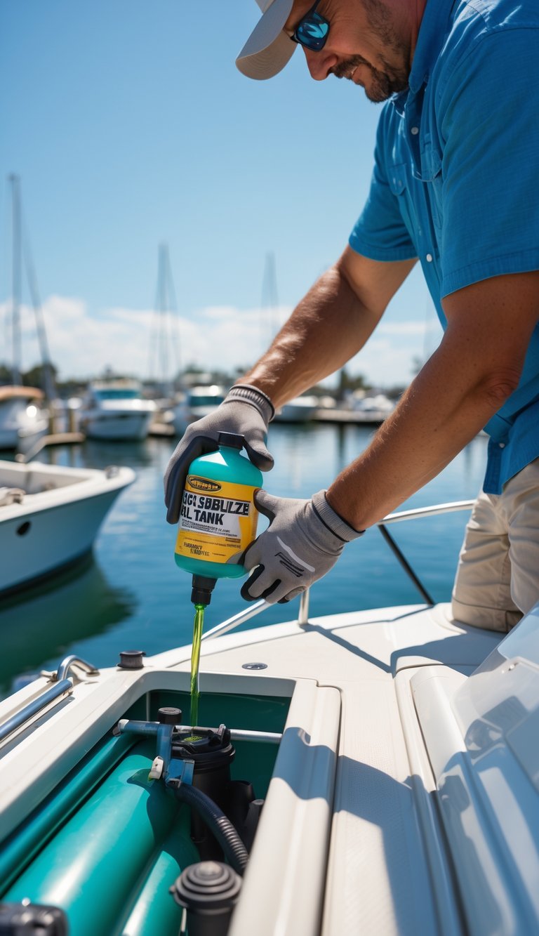 Person pouring fuel stabilizer into a boat's gas tank at a marina on a sunny day.