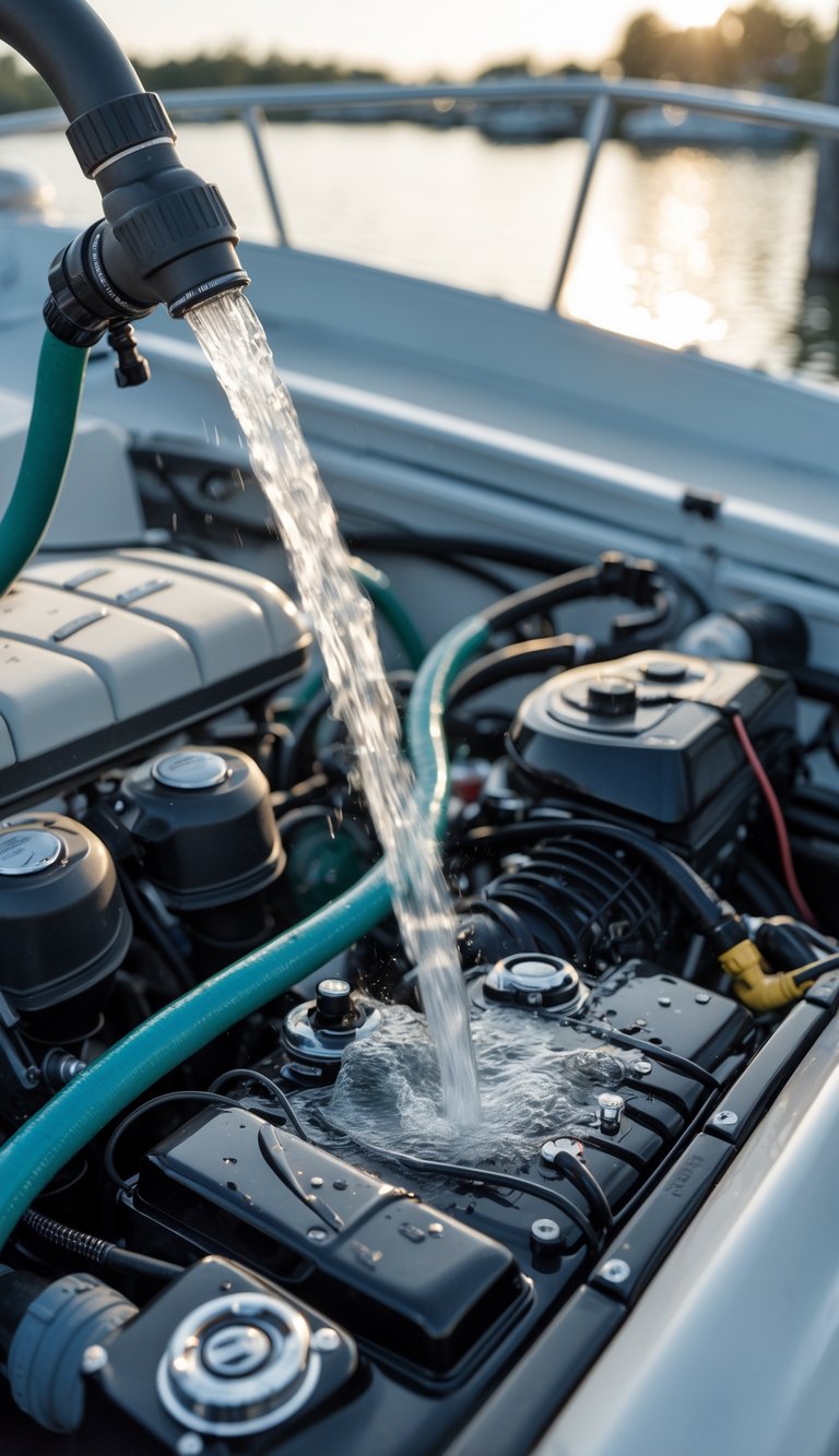 Close-up of a boat engine being flushed with freshwater through connected hoses, with the boat deck and marina in the background.