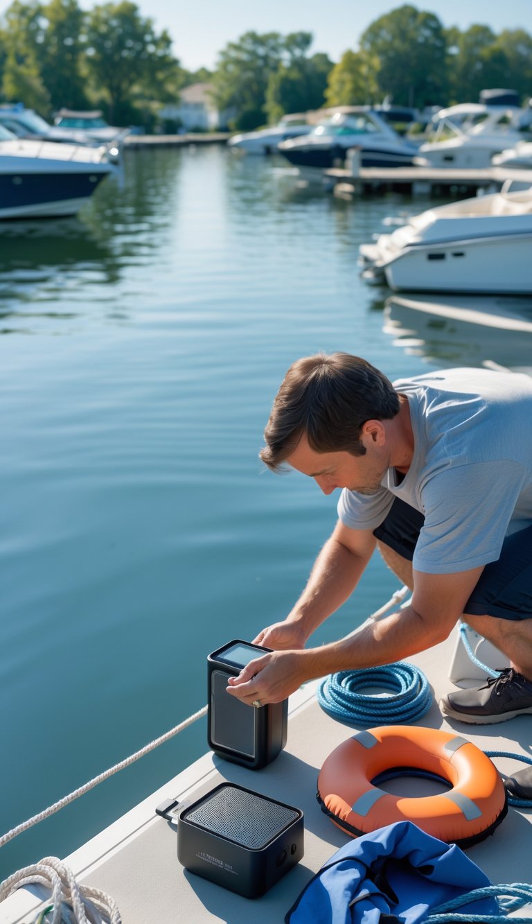 Person removing electronic devices from a boat docked at a marina on a sunny day with calm water and trees in the background.