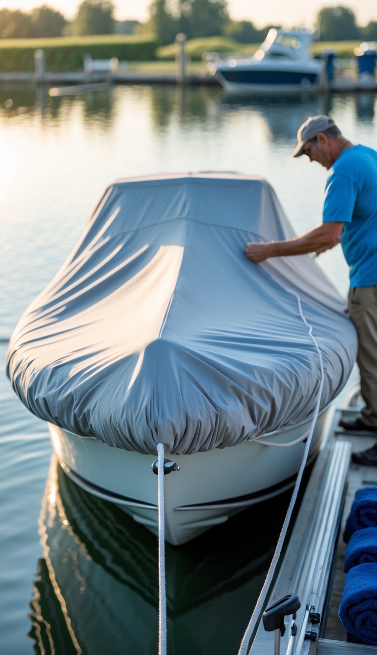 Person covering a boat with a fitted breathable cover near a dock on a clear day.