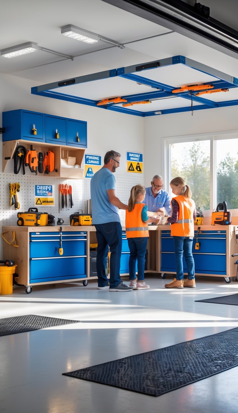 A family garage workshop with organized tools, safety gear, childproof locks, and a family wearing protective equipment working together safely.