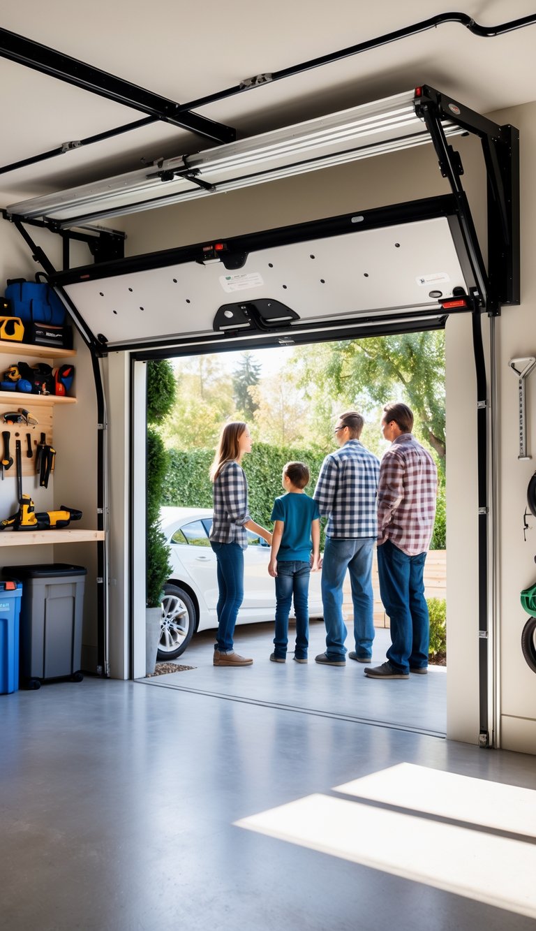 A family in a clean garage with an automatic garage door equipped with a safety auto-reversal system, showing a safe workshop environment.