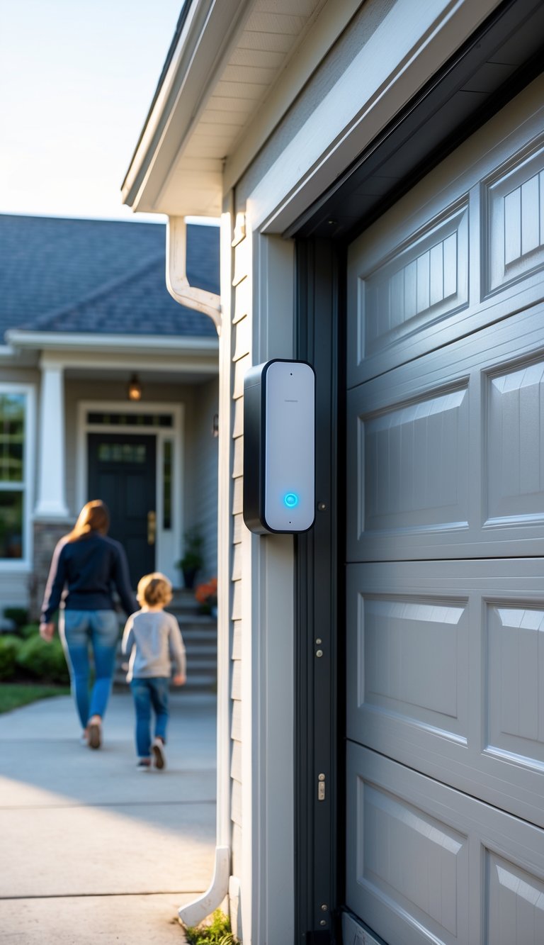 A garage entrance with a safety sensor mounted near the door and a parent with a child nearby.