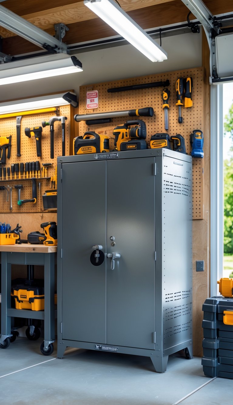 A garage workshop with a locked metal cabinet storing sharp tools, surrounded by neatly organized tools and a clean, safe environment.