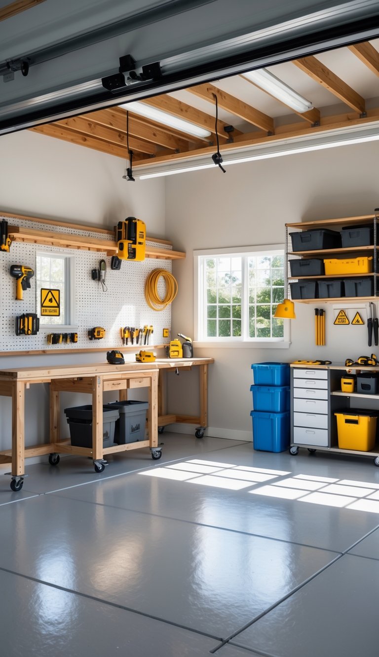 A clean and organized garage workshop with separate areas for woodworking, painting, and storage, featuring tools neatly arranged and a clutter-free floor.