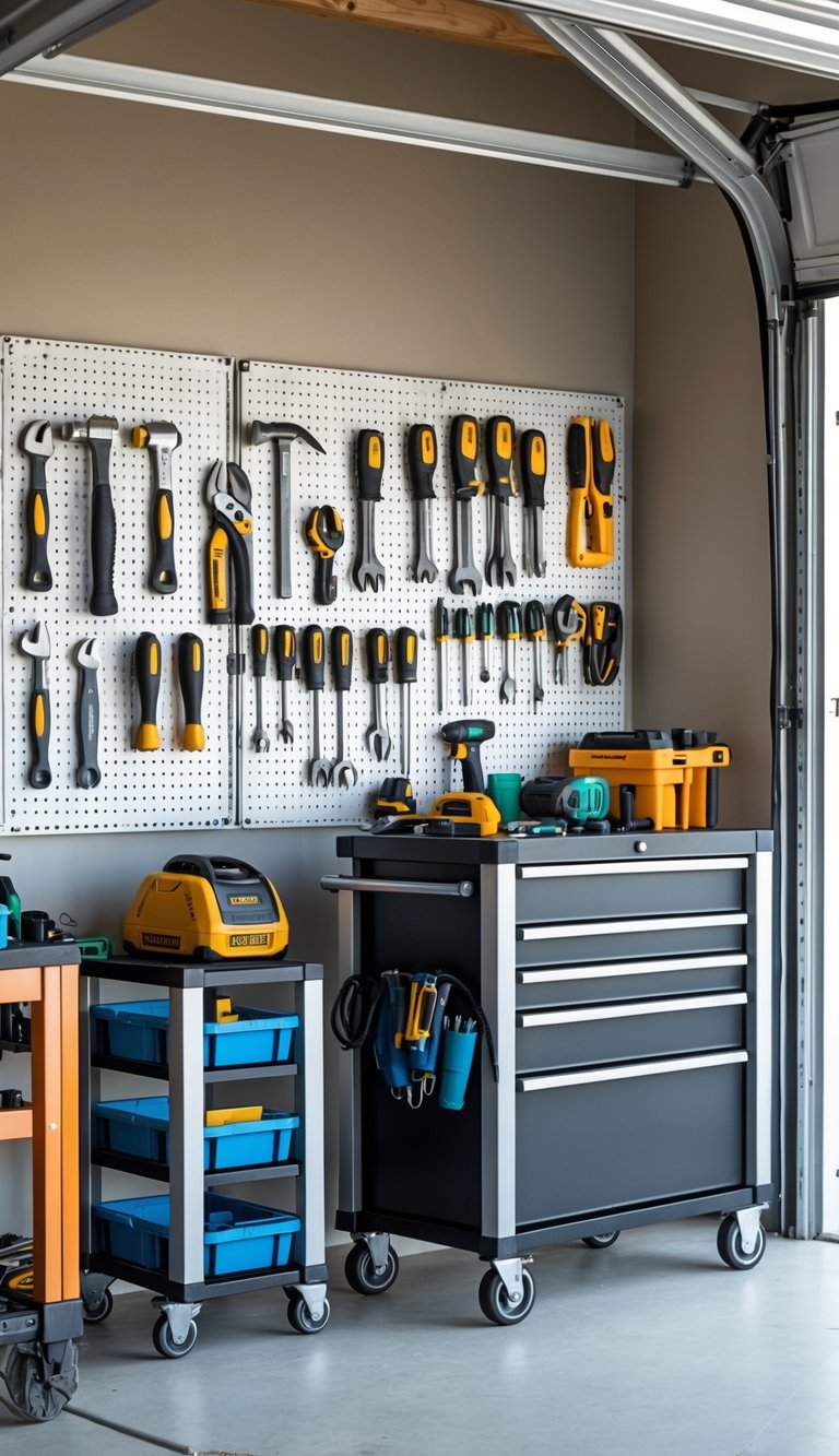 A clean and organized garage workshop with tools hanging on pegboards and a mobile cart holding additional tools.
