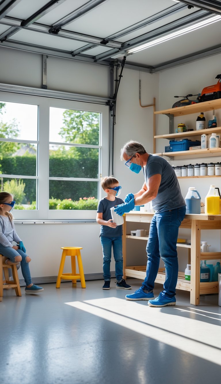 A family in a garage workshop using paint near an open window for ventilation, with safety gear and organized tools.