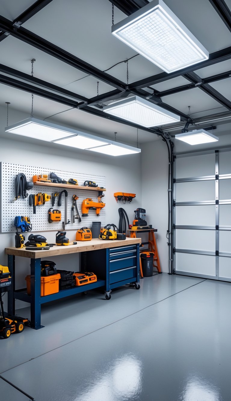 A well-lit garage workshop with shatterproof ceiling lights, an organized workbench, and safety equipment arranged neatly.