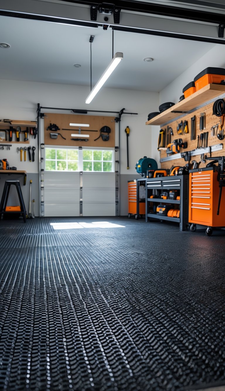 A garage workshop with rubber mats on the floor and tools organized on shelves and pegboards.