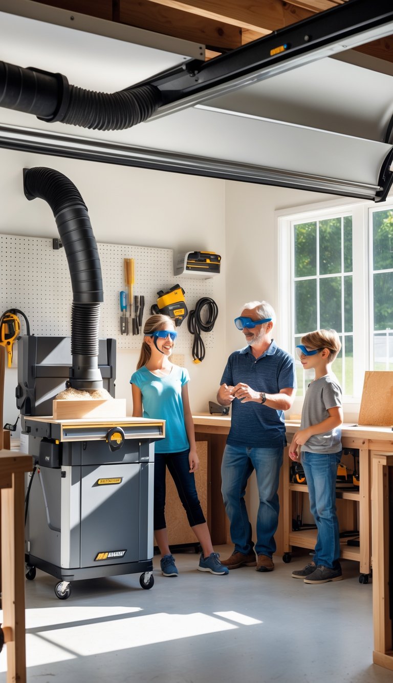 Family working safely in a clean garage workshop with dust collection system capturing sawdust.