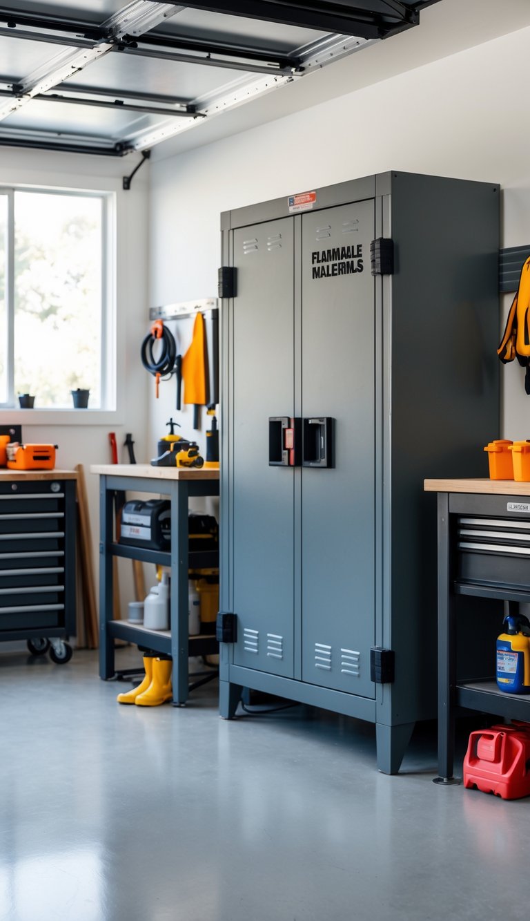 A clean garage workshop with a closed fireproof cabinet for storing flammable materials, surrounded by organized tools and safety equipment.