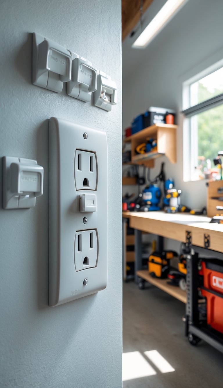Close-up of electrical outlets with socket covers installed in a clean and organized garage workshop.